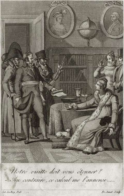 Incisione dell'arresto di Marie Anne Lenormand tratta dal libro Les Souvenirs prophétiques d'une sibylle sur les cause secrètes de son arrestation Arresto di Marie Anne Lenormand